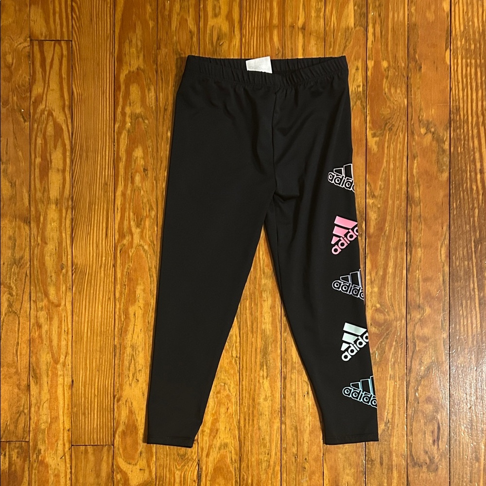 Adidas Kids Black Leggings with Colorful Logo Accents - Girls Size 5